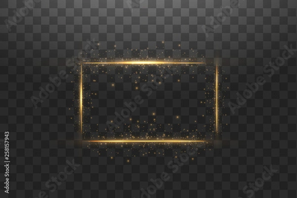 Fototapeta Golden frame with lights effects,Shining luxury banner vector illustration. Glow line golden frame with sparks and spotlight light effects. Shining rectangle banner isolated on black transparent
