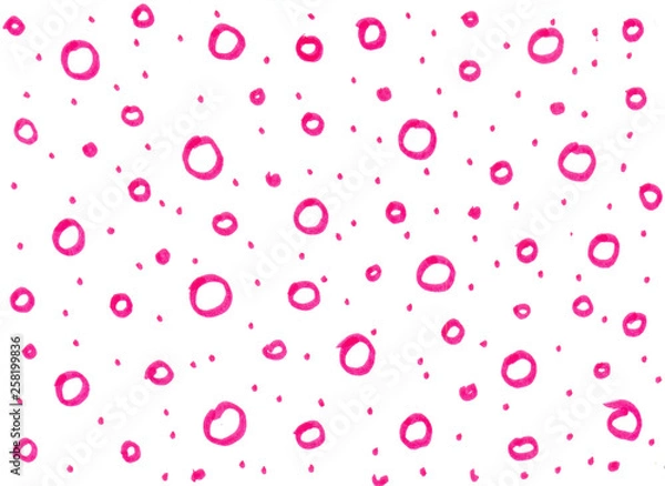 Fototapeta Pink circles and dots drawn by hand in the technique of dudling on a white background.