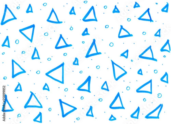 Fototapeta Blue triangles and dots drawn by hand in the technique of dudling on a white background.