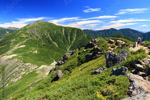 Fototapeta 南アルプス光岳（てかりだけ）への道　縦走路から見る南アルプス南部の山々　茶臼岳から上河内岳を望む