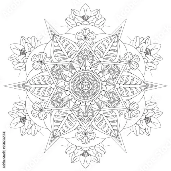 Fototapeta Mandala Intricate Patterns Black and White Good Mood. Flower Vintage decorative elements Oriental. Round ornament, mandala, ethnic decorative element, boho style, zentangle.