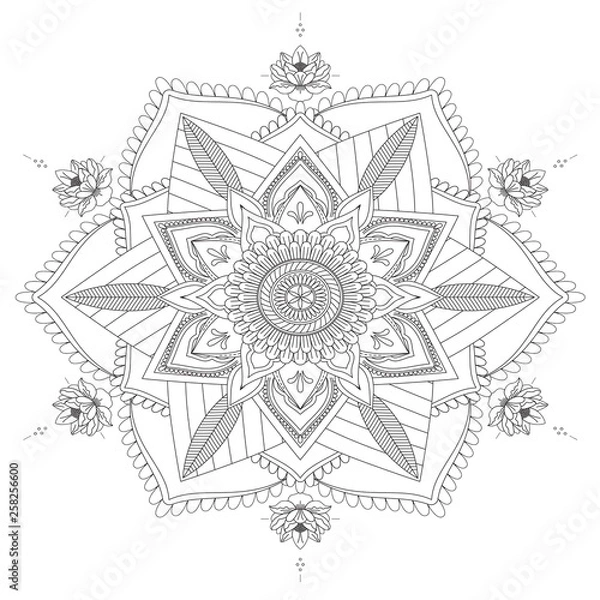 Fototapeta Mandala Intricate Patterns Black and White Good Mood. Flower Vintage decorative elements Oriental. Round ornament, mandala, ethnic decorative element, boho style, zentangle.