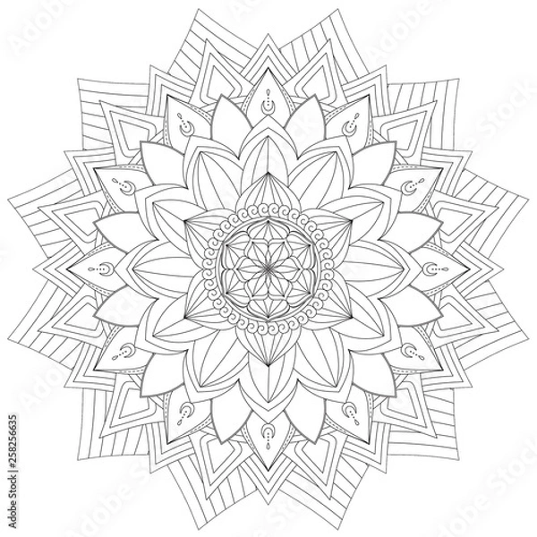 Fototapeta Mandala Intricate Patterns Black and White Good Mood. Flower Vintage decorative elements Oriental. Round ornament, mandala, ethnic decorative element, boho style, zentangle.