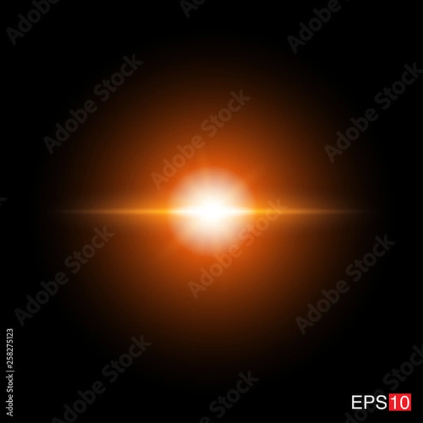 Fototapeta isolated orange Rays with lens flare, Sun flare, flare on the black background. Transparent Vector Illustration