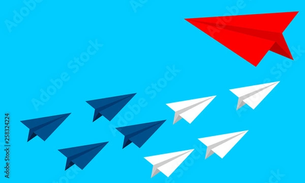 Fototapeta Change direction - business background vector illustration. Airplane changing direction. New idea, change, trend, courage, creative solution, innovation and unique way concept.
