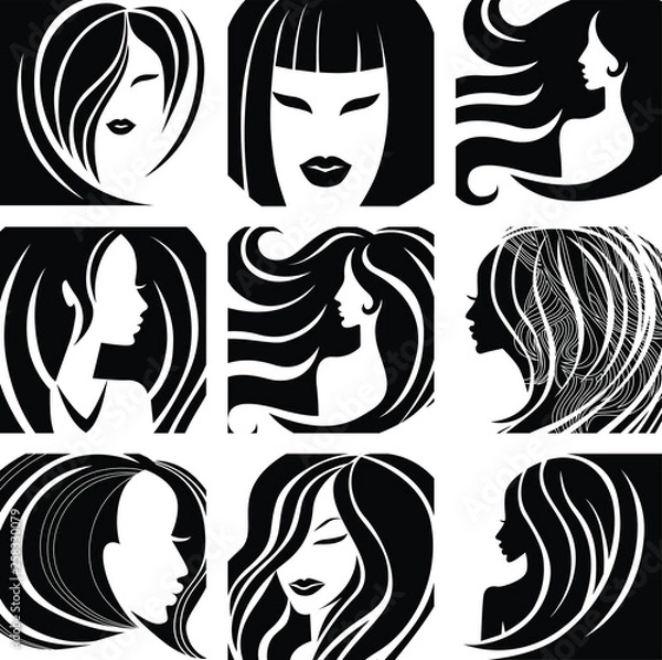 Fototapeta set of Illustrations of woman with beautiful hair. Black and white. Can be used for beauty salon