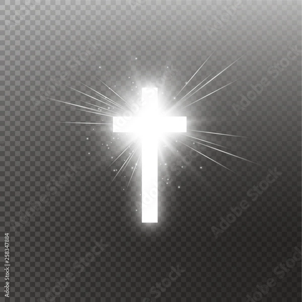 Fototapeta Shining white cross and sunlight special lens flare light effect on transparent background. Glowing saint cross. Vector illustration