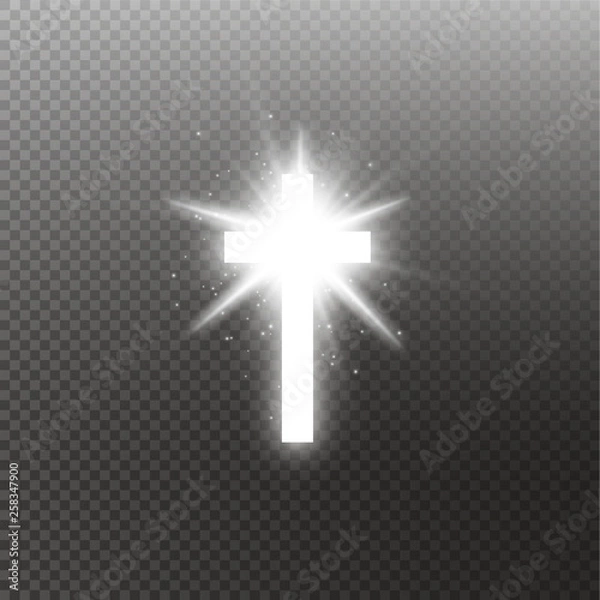 Fototapeta Shining white cross and sunlight special lens flare light effect on transparent background. Glowing saint cross. Vector illustration