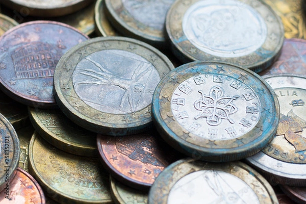 Obraz Money coins background. Aged euro coins. Selective focus