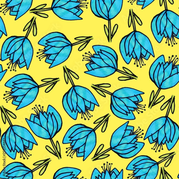 Fototapeta Seamless floral pattern. Flowers painted with markers. Print for fabric and other surfaces