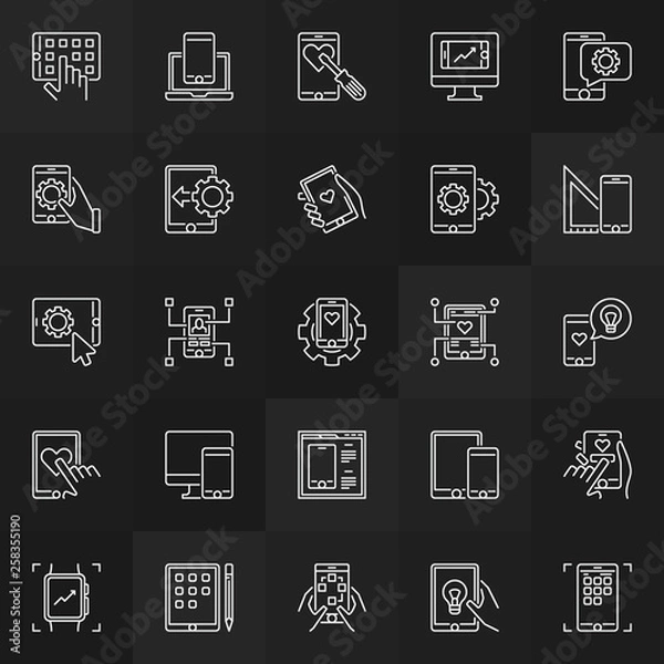 Fototapeta Mobile Application Development outline vector concept icons on dark background