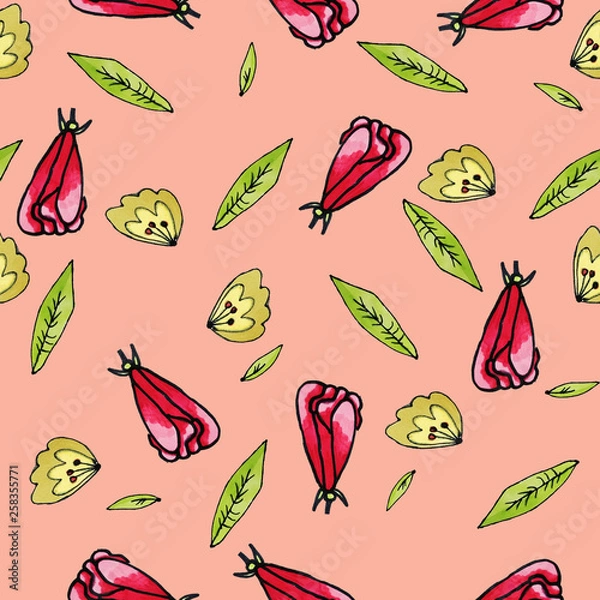 Fototapeta Seamless floral pattern. Flowers painted with markers. Print for fabric and other surfaces