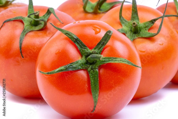Obraz Tomato closeup on white background. Selective focus and crop fragment