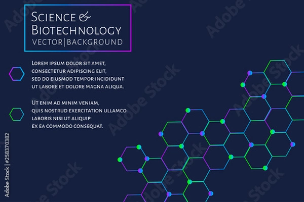 Obraz Modern background with hexagons, chemical bonds, molecules pattern. Medicine, science, biotechnology, pharmacology innovation concept. Place for text. Dark backdrop. Vector EPS 10 illustration..