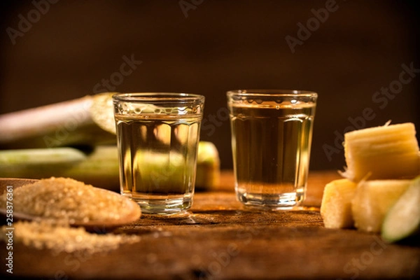 Fototapeta two shot glasses of Brazilian gold  cachaca with sugar and sugarcane isolated on rustic wooden background