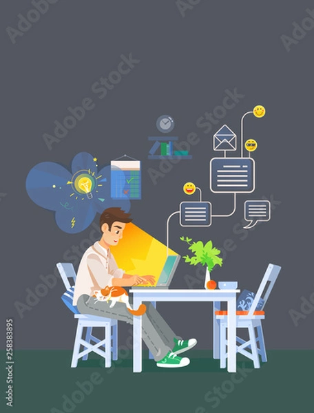 Obraz Young Man Working Remotely at home Using Laptop and Network Vector Illustration