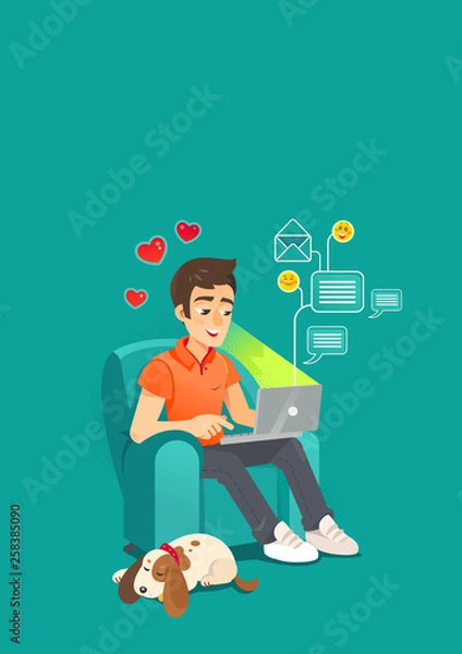 Obraz Flat Vector illustration A man remotely Working from Home as a Freelancer Using a Laptop Сomputer and Network. Modern Workplace for Self-employed People