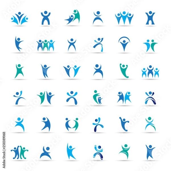 Fototapeta Abstract Logo Set. Human Character Figure Isolated On Gray Background. Icons Of Success, Celebration, Achievement And Activity. Vector Illustration Of People Logo, Graphic Design