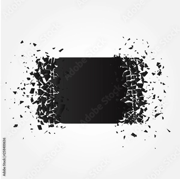 Fototapeta Black square banner with debris isolated on white background. Abstract black explosion. Vector square destruction shapes with debris.