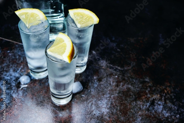 Fototapeta Vodka. Shots, glasses with vodka with ice .Dark stone background.Copy space .Selective focus