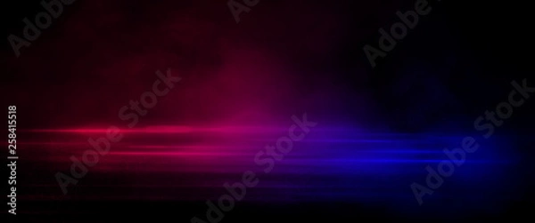 Fototapeta Wet asphalt, reflection of neon lights, a searchlight, smoke.  Smoke, smog. Dark background scene of empty street, night view, night city. Neon red and blue light.