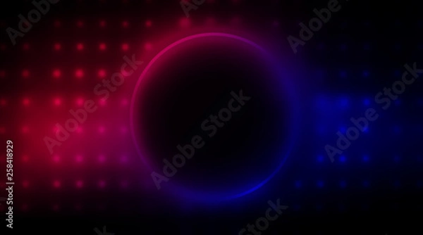 Fototapeta Empty Dark Futuristic Sci Fi Big Hall Room With Lights And Circle Shaped Neon Light. Dark neon background, empty stage, abstract dark background. Neon circle, reflection