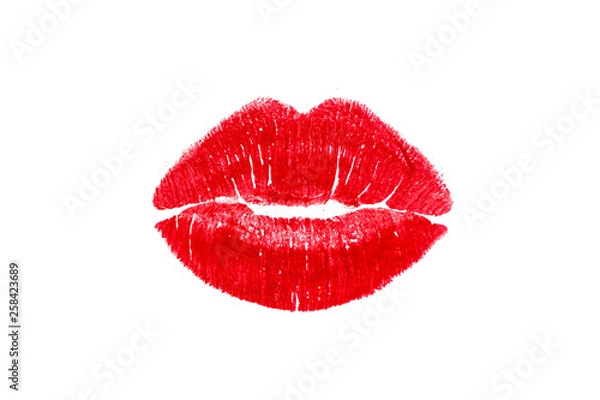 Obraz Red lipstick mark beautiful big lips kiss isolated on a white background
