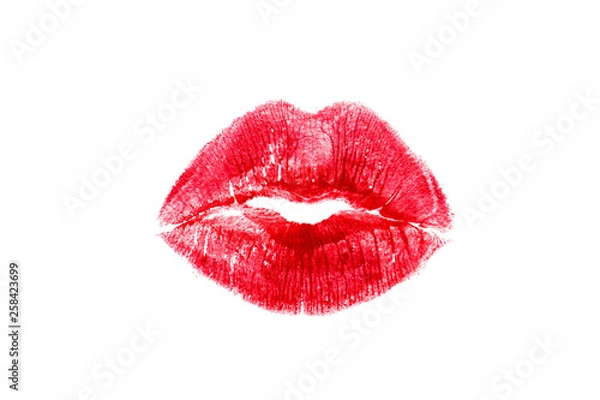 Obraz Red lipstick mark beautiful big lips kiss isolated on a white background