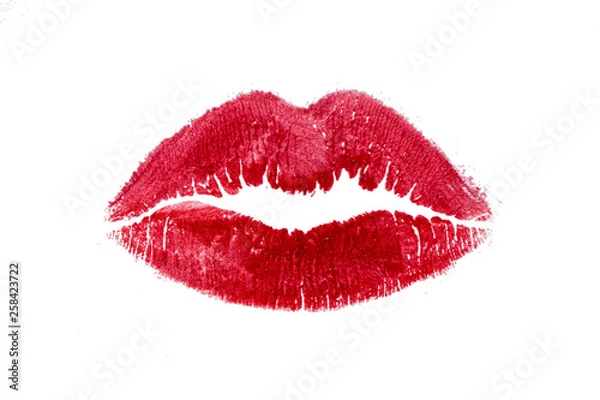 Obraz Red lipstick mark beautiful big lips kiss isolated on a white background