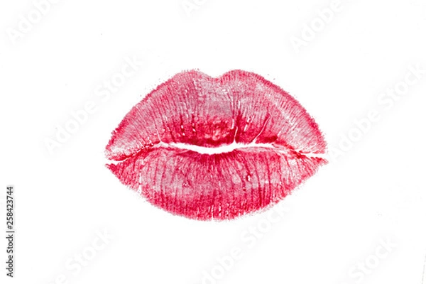 Obraz Red lipstick mark beautiful big lips kiss isolated on a white background