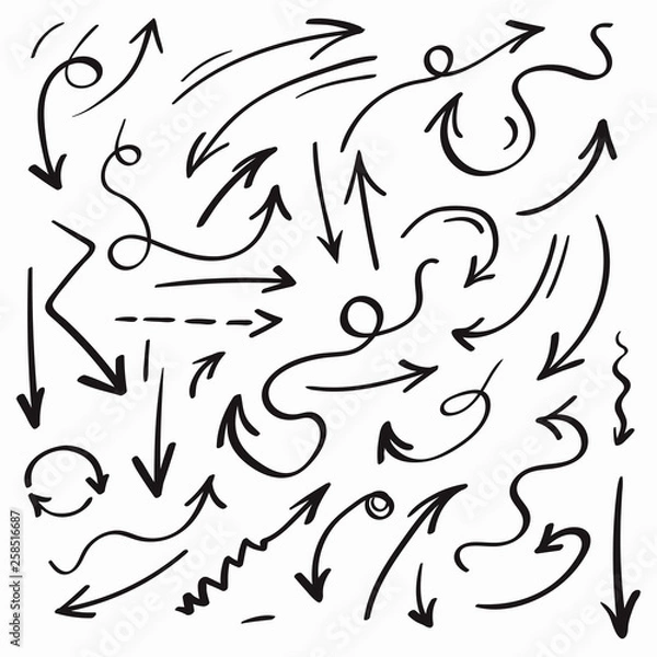 Obraz Collection of black hand drawn arrows isolated on white background. Vector illustration.