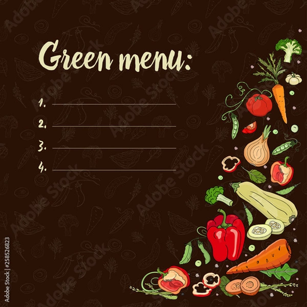 Fototapeta Green menu. Eco food.Set with vegetables on a dark background. Peppers, zucchini, onions, peas, broccoli, tomatoes, carrots. Vector