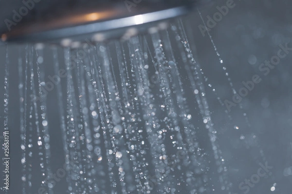 Fototapeta Close up of water running from shower head in the bathroom.