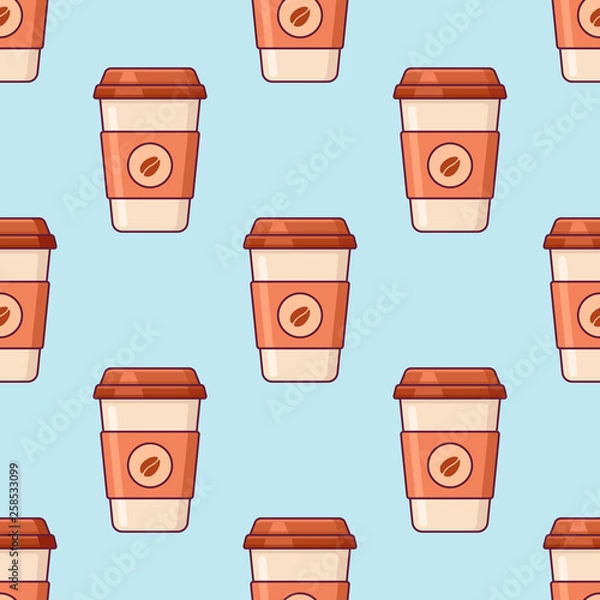 Fototapeta Seamless pattern with takeaway coffee on blue background. Vector texture.