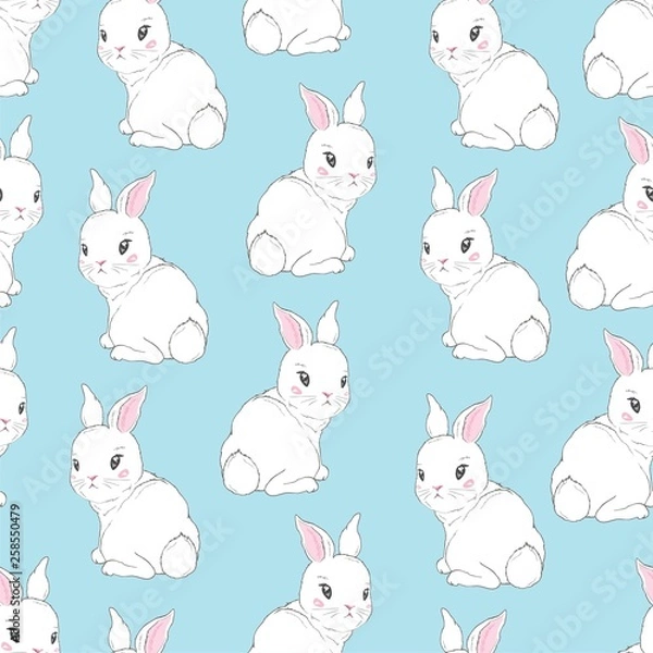 Fototapeta Seamless pattern with cartoon bunnies for kids. Abstract art print. Hand drawn background with cute animals. Vector illustration