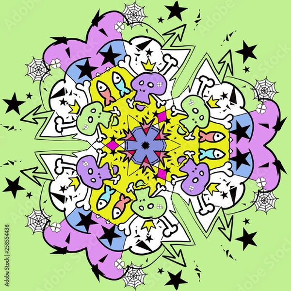 Fototapeta collage with skulls. Youth sticker. Skulls in a circle. Children's drawings. Pop art with bones. seamless pattern. skeleton graffiti. Circular pattern in the style of Pop Art. Fish.