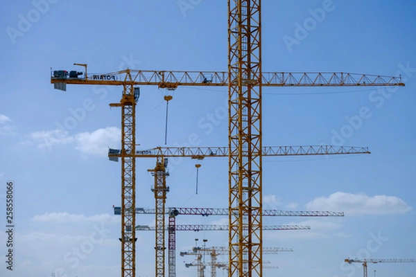 Fototapeta Row of tower crains at construction site
