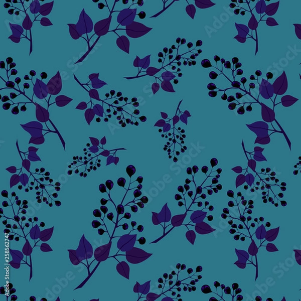 Fototapeta Berry sample. Branches of black currant on a blue background.