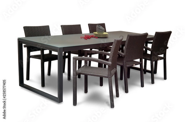Fototapeta garden dining table with chairs on a white background