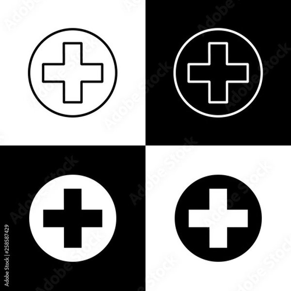 Fototapeta Flat monochrome medical cross icon set for web sites and apps. Minimal simple black and white medical cross icon set. Isolated vector medical cross icon set for various projects.