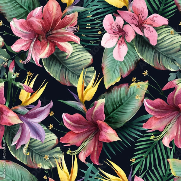 Fototapeta Watercolor seamless pattern of tropical flowers and leaves on dark background