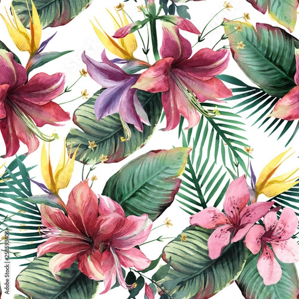 Fototapeta Watercolor seamless pattern of tropical flowers and leaves on white background