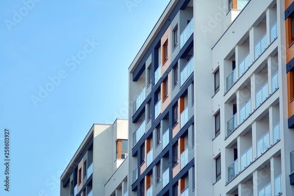 Fototapeta Fragment of a modern apartment building in front. Very modern apartment house.