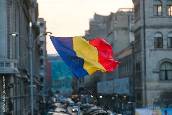Obraz Romanian flag with Bucharest city background