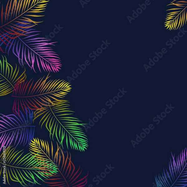 Fototapeta Tropical palm leaf neon color square frame for text