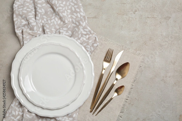 Obraz Stylish elegant table setting on light background, top view. Space for text