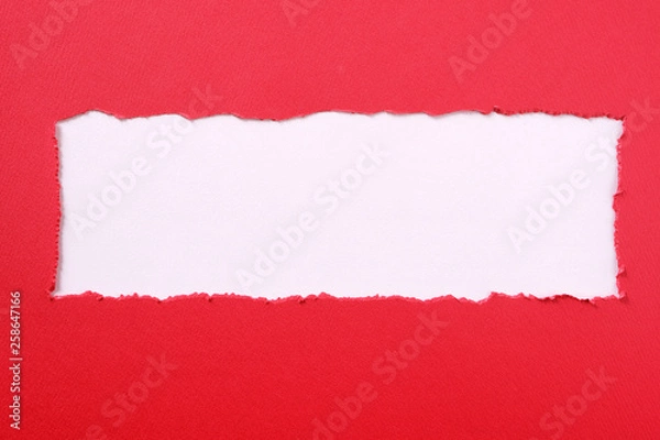 Obraz Torn red paper strip center ripped edge white background