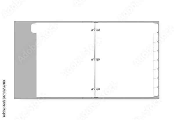 Fototapeta 3 ring binder filled with hole punched white paper with divider tabs, mock up. Refillable blank notebook spread, vector template