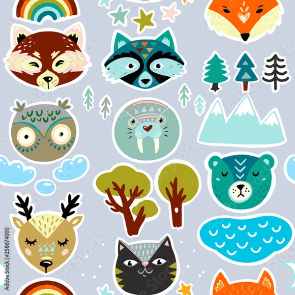 Fototapeta Seamless pattern with animals hand drawn faces and nature elements. Kids illustration