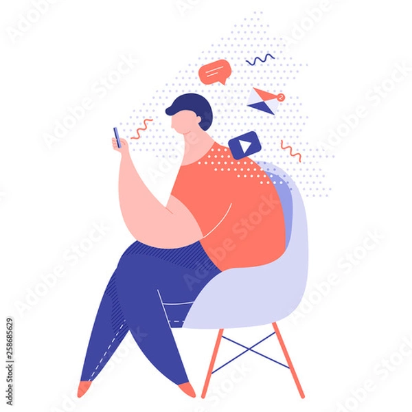 Obraz Male character is sitting in a chair, holding a mobile phone. Around the icons: play button, message, new email. Vector illustration. 